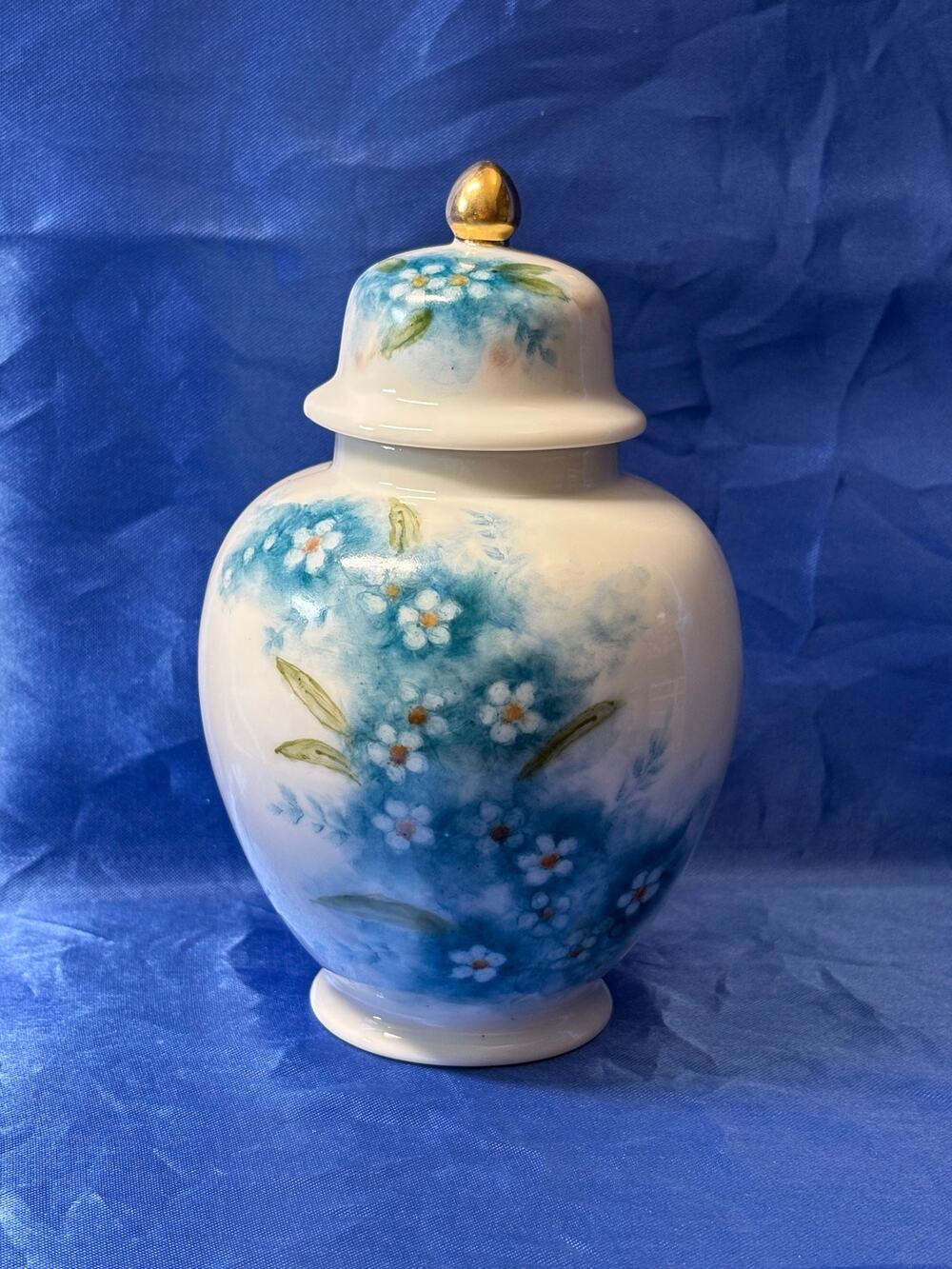 Vintage Porcelain Urn Ginger Jar Accented Blue Flowers Signed on Bottom